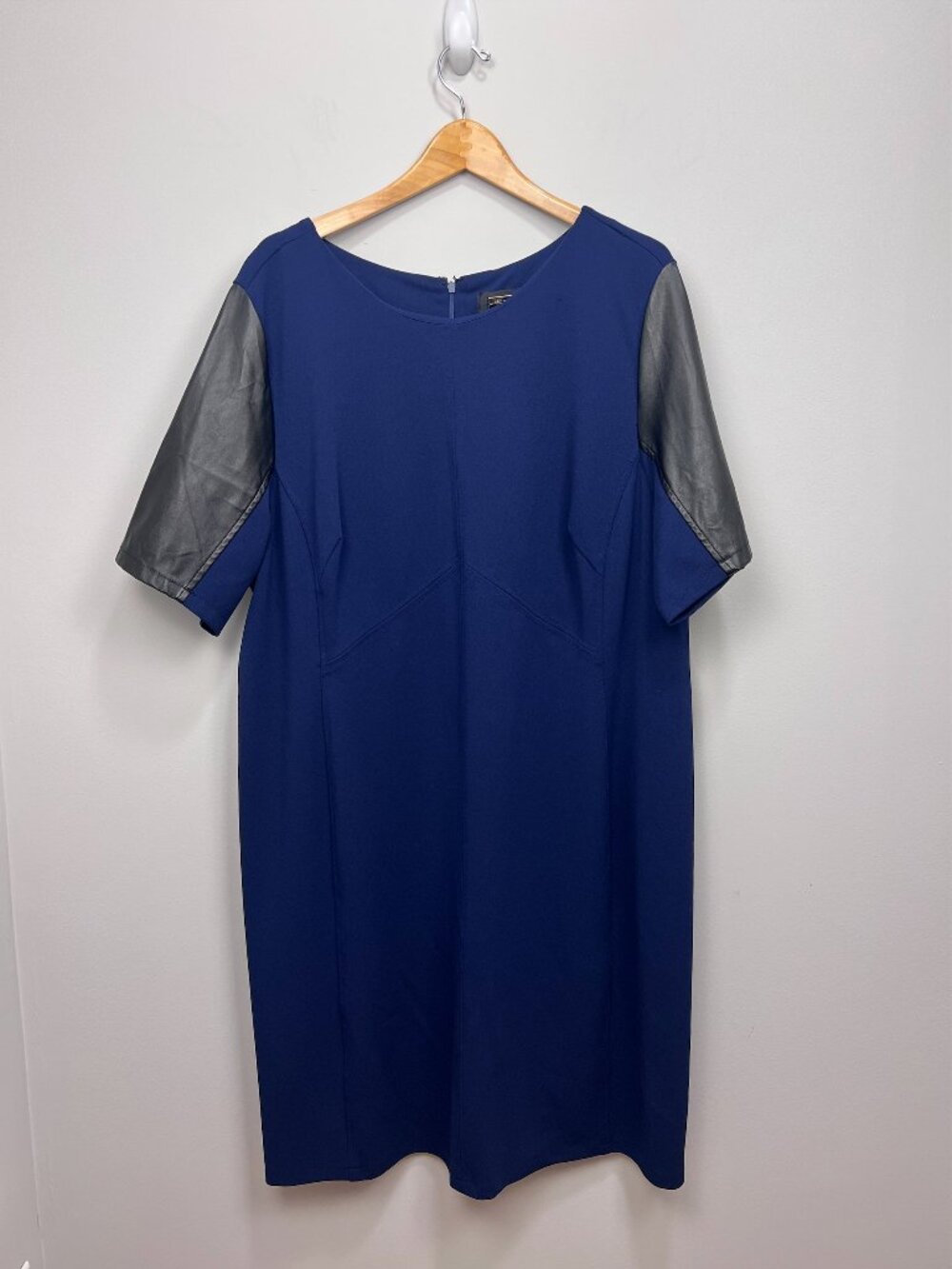 Alexia Admor Blue Sheath Dress 2X Faux Leather Sleeve Career Cocktail